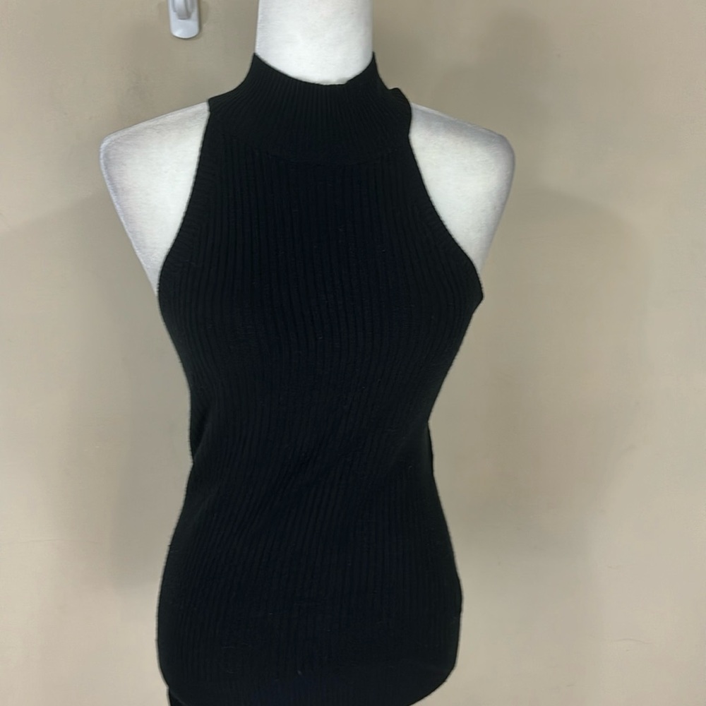 Venus High Neck Tank Halter Ribbed Black Sweater Size Large